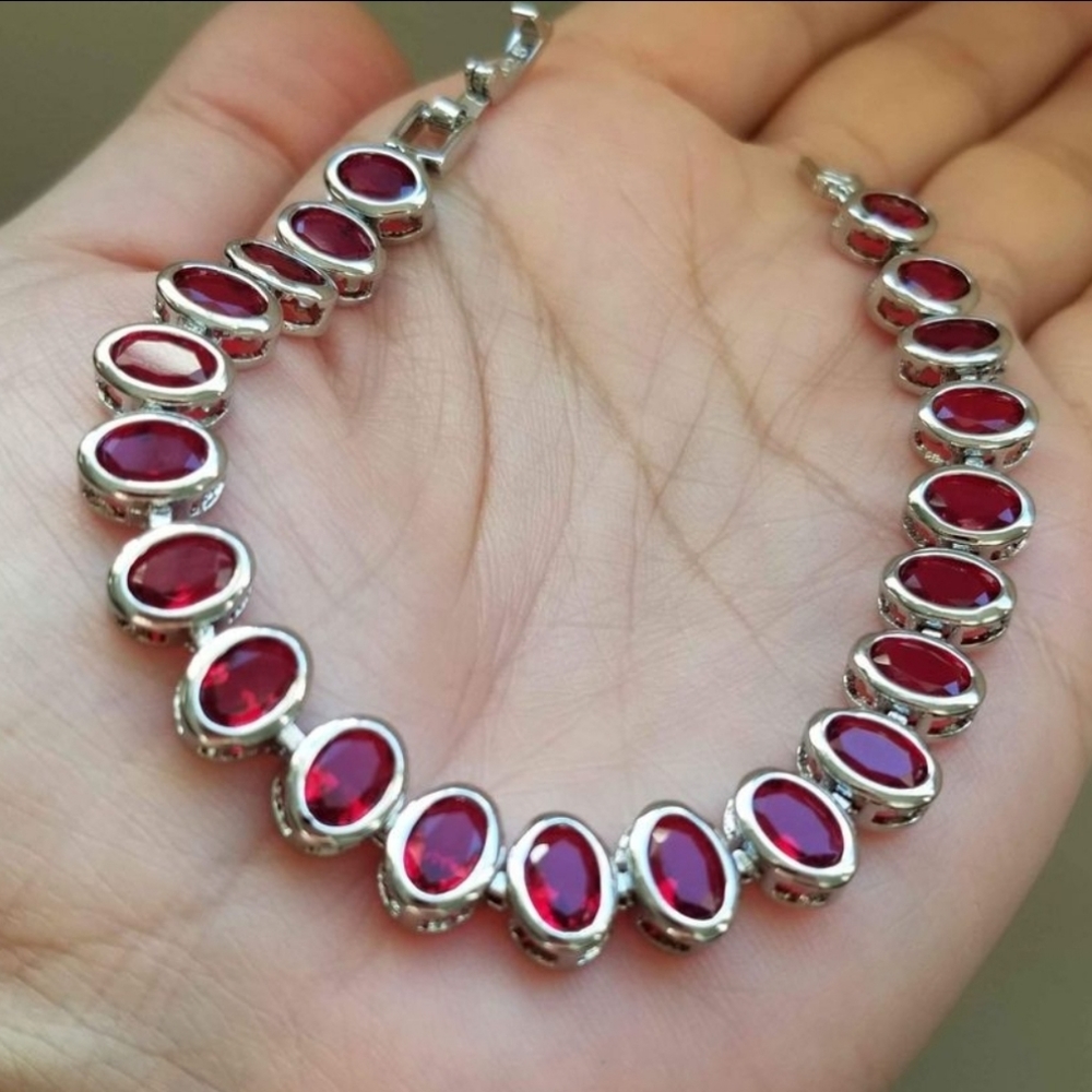 New 925 Silver Oval Cut Ruby Bezel Setting Bracelet for Women